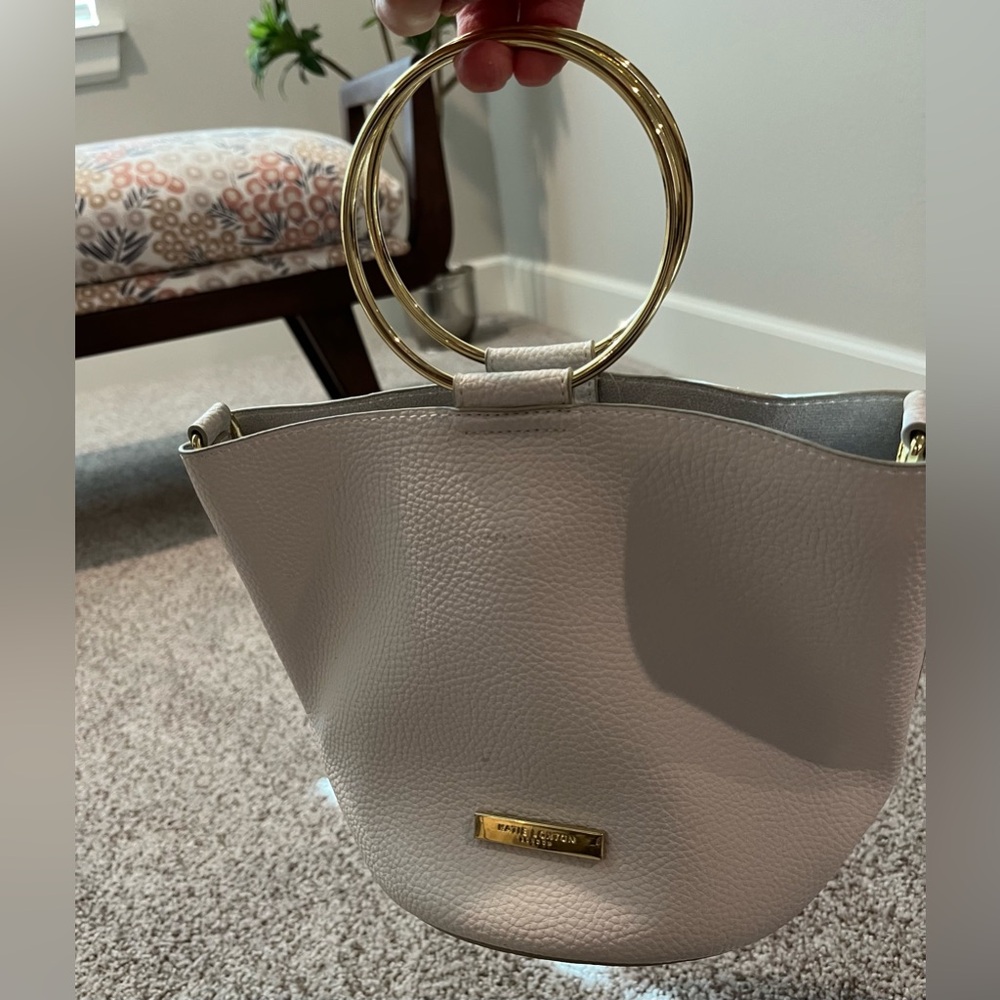 White faux leather metal ring handle purse, Katie Loxton